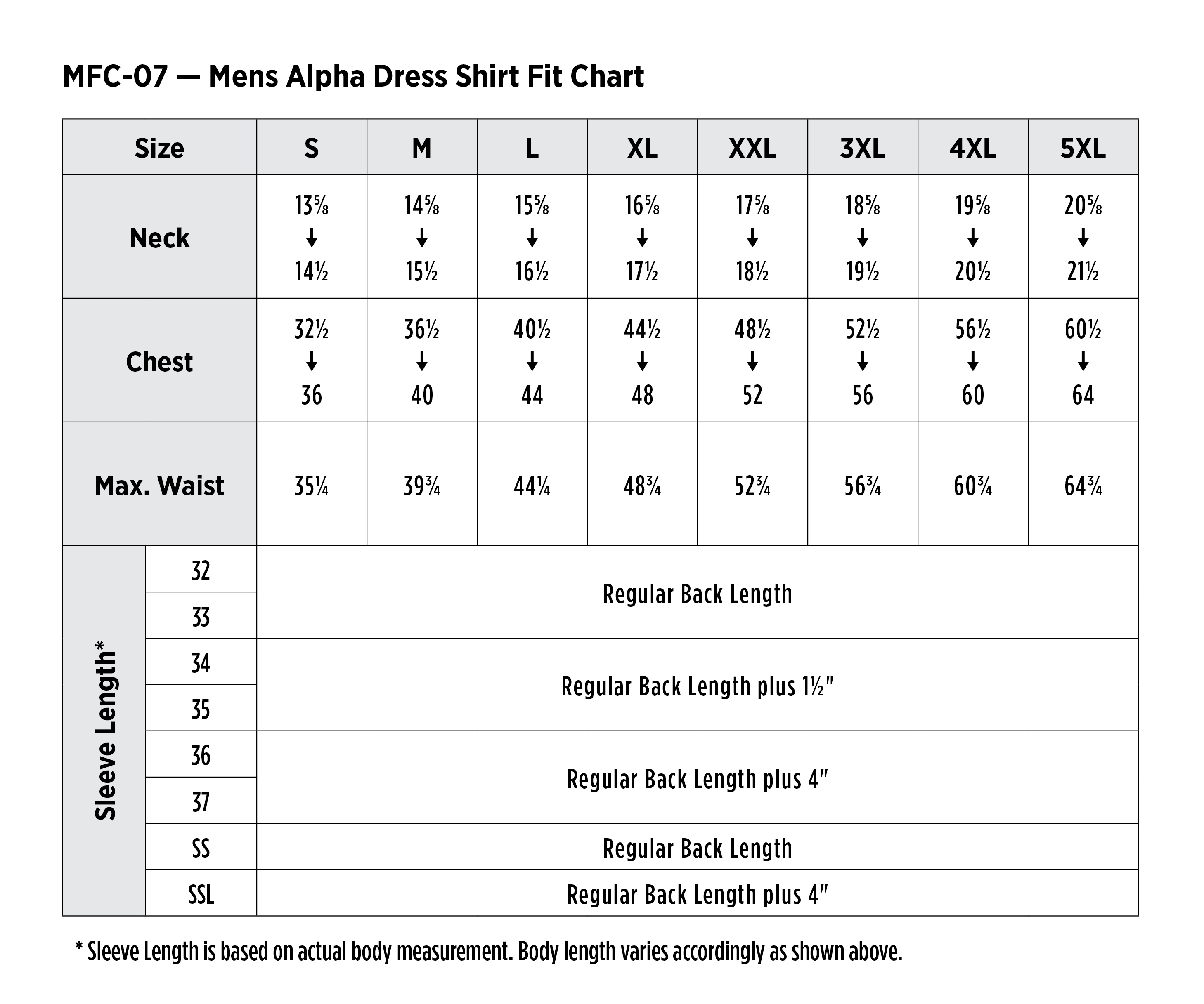 dress shirt sizes