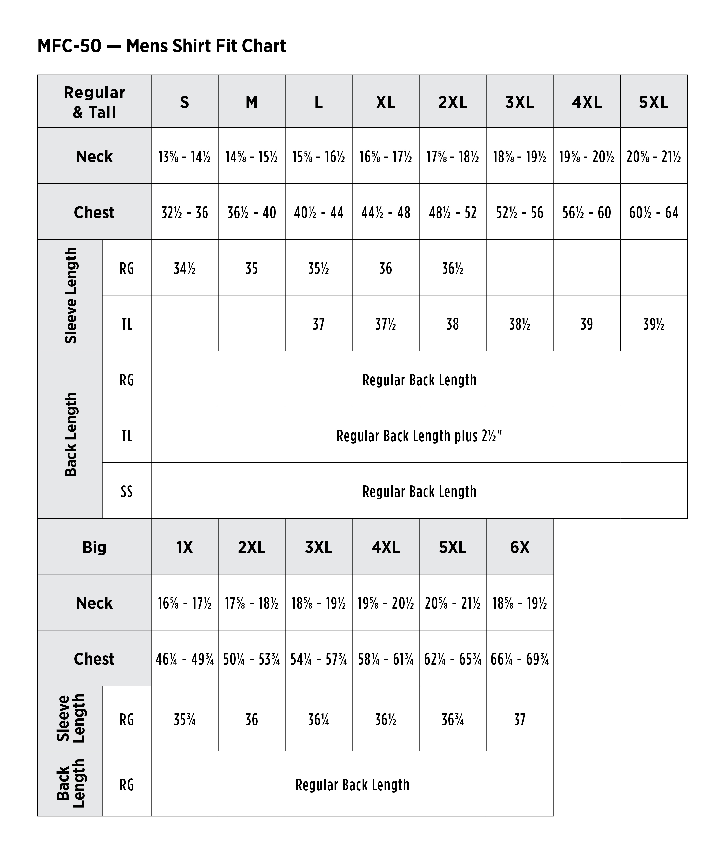 dress shirt sizes